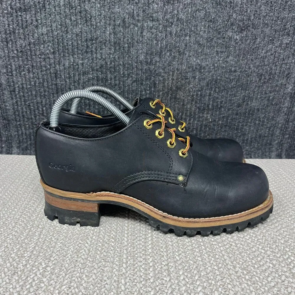 Georgia Logger Work Boots Heeled Black Leather Lace Up  Vibram Lug Sole Mens 9 M